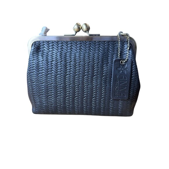 ANUSCHKA Black Woven Genuine Leather Handbag Kiss Lock Clutch Shoulder Bag Purse - Picture 2 of 6
